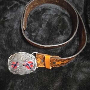 Country Music Metal Belt Buckle With Tooled Leather Belt